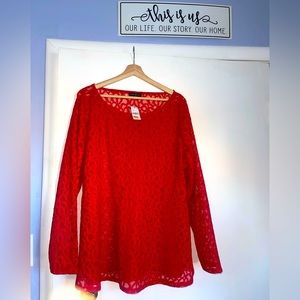 Red sheer lace blouse.